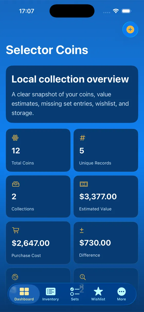 Selector Coins Manager dashboard showing total coins, collections, estimated value, purchase cost and difference